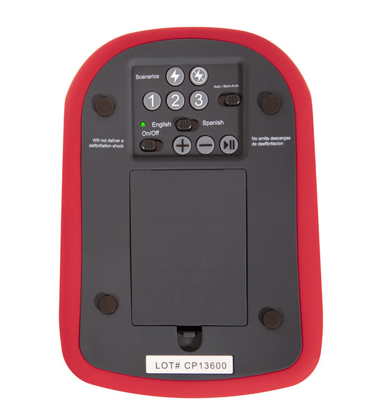 AED Trainer side view showing compact design and bilingual training setup.