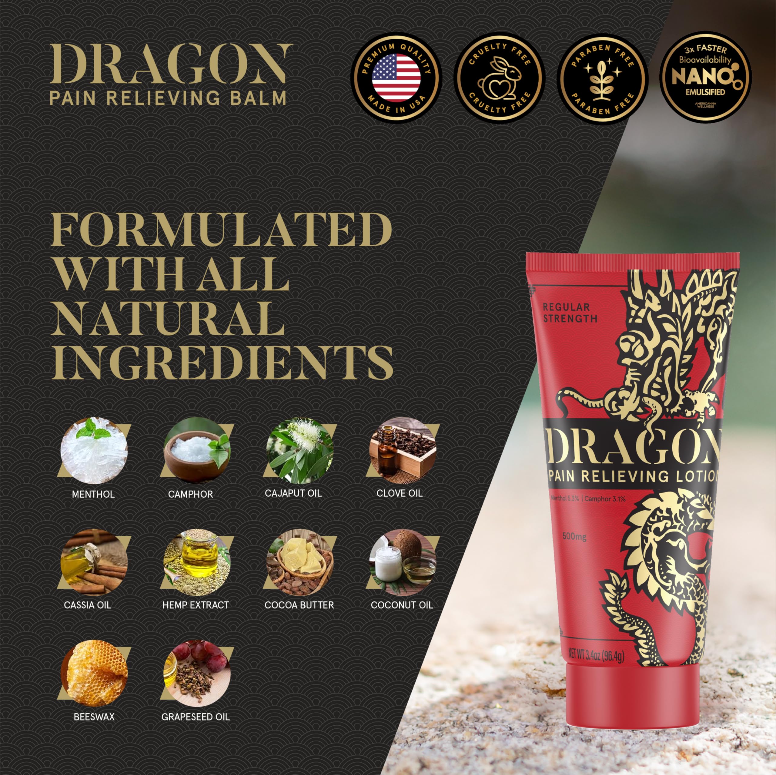 Americanna Wellness Dragon Lotion bottle side angle highlighting compact design for travel.