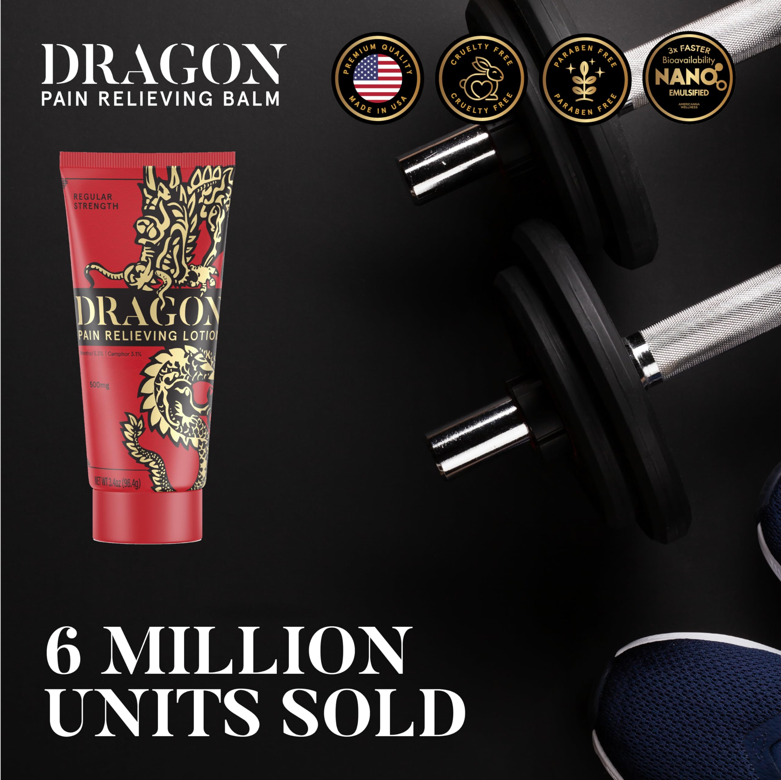 Americanna Wellness Dragon Lotion ingredients close-up featuring camphor, menthol, and natural oils.