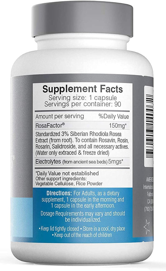 Ameriden Rosavin Plus label close-up showing rosavins and salidroside for focus support.
