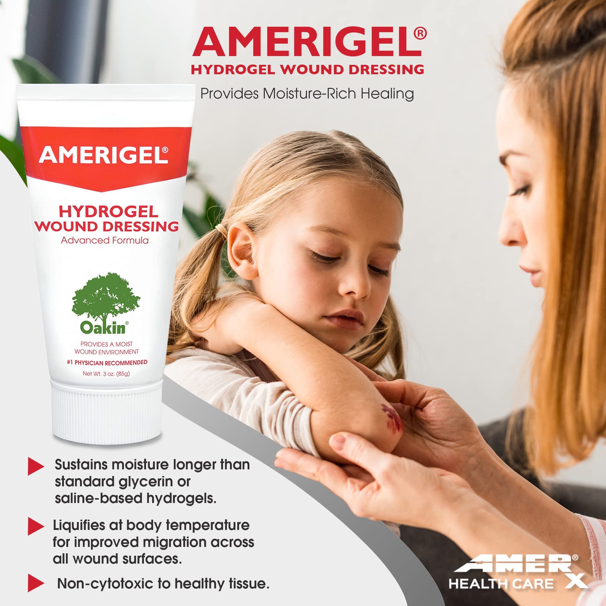 AMERIGEL dressing packaging highlights convenient use and sterile packaging.