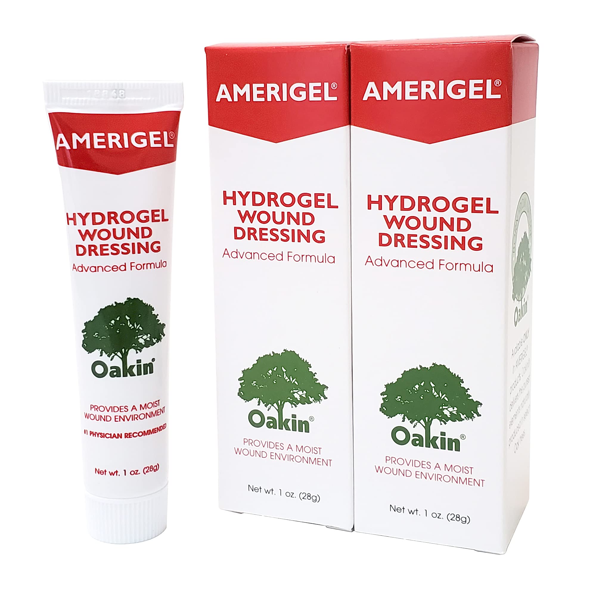 AMERIGEL hydrogel wound dressing 2-pack packaging and bottle shown