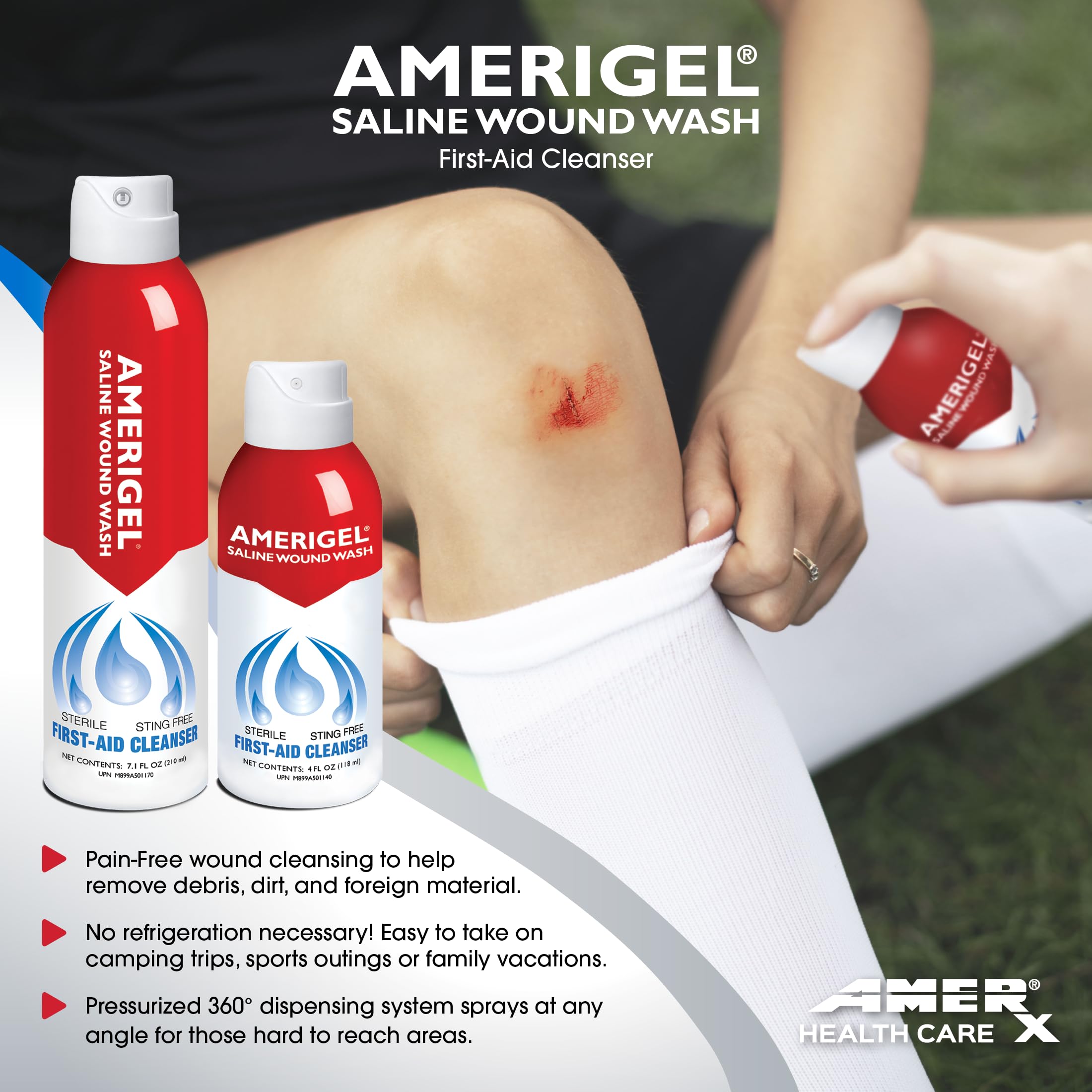 AMERIGEL Saline Wound Wash sprays 360 degrees to reach tough areas.