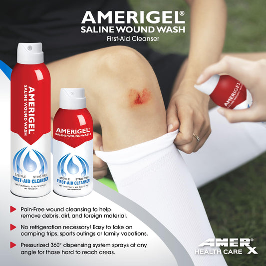 AMERIGEL Saline Wound Wash sprays 360 degrees to reach tough areas.