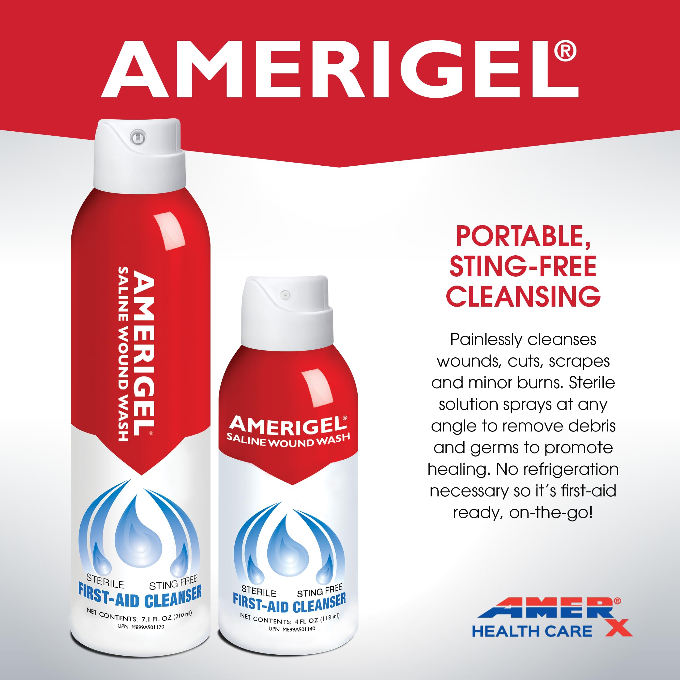 AMERIGEL Saline Wound Wash no refrigeration needed for on-the-go care.