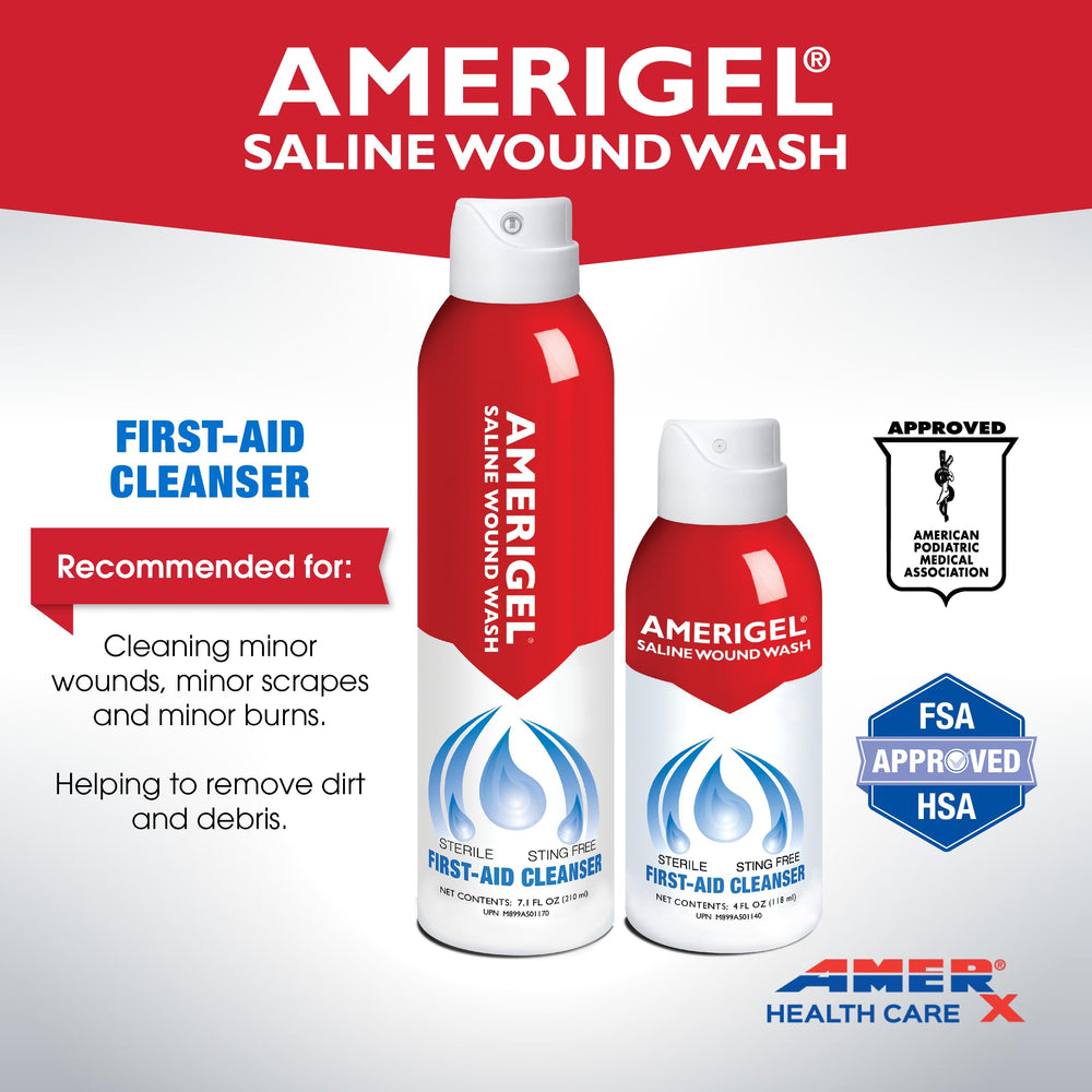 AMERIGEL Saline Wound Wash pack of four for travel and home use.