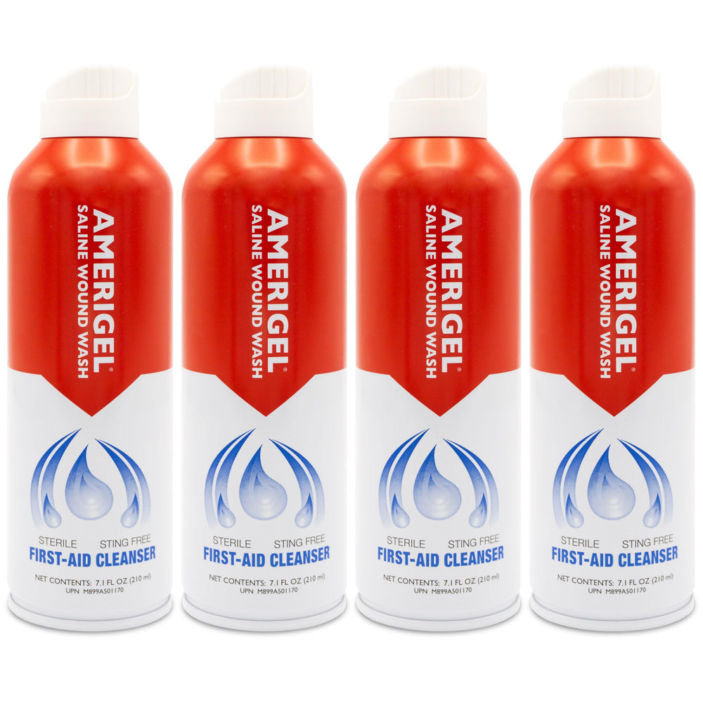 AMERIGEL Saline Wound Wash pressurized bottle sprays easily for quick wound cleansing.