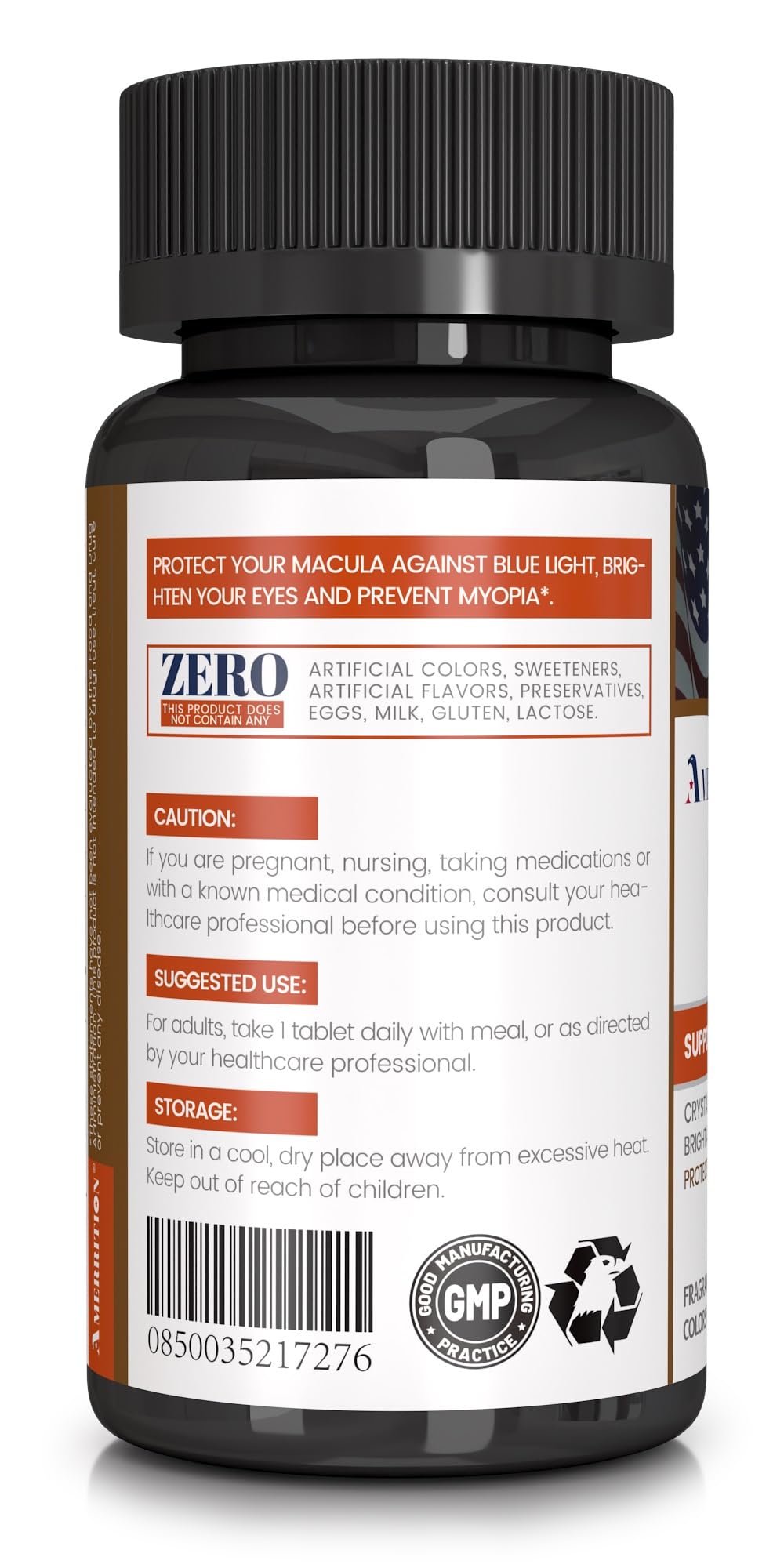 Amerrition lutein-zeaxanthin capsules close-up highlighting nutrient-rich eye formula.