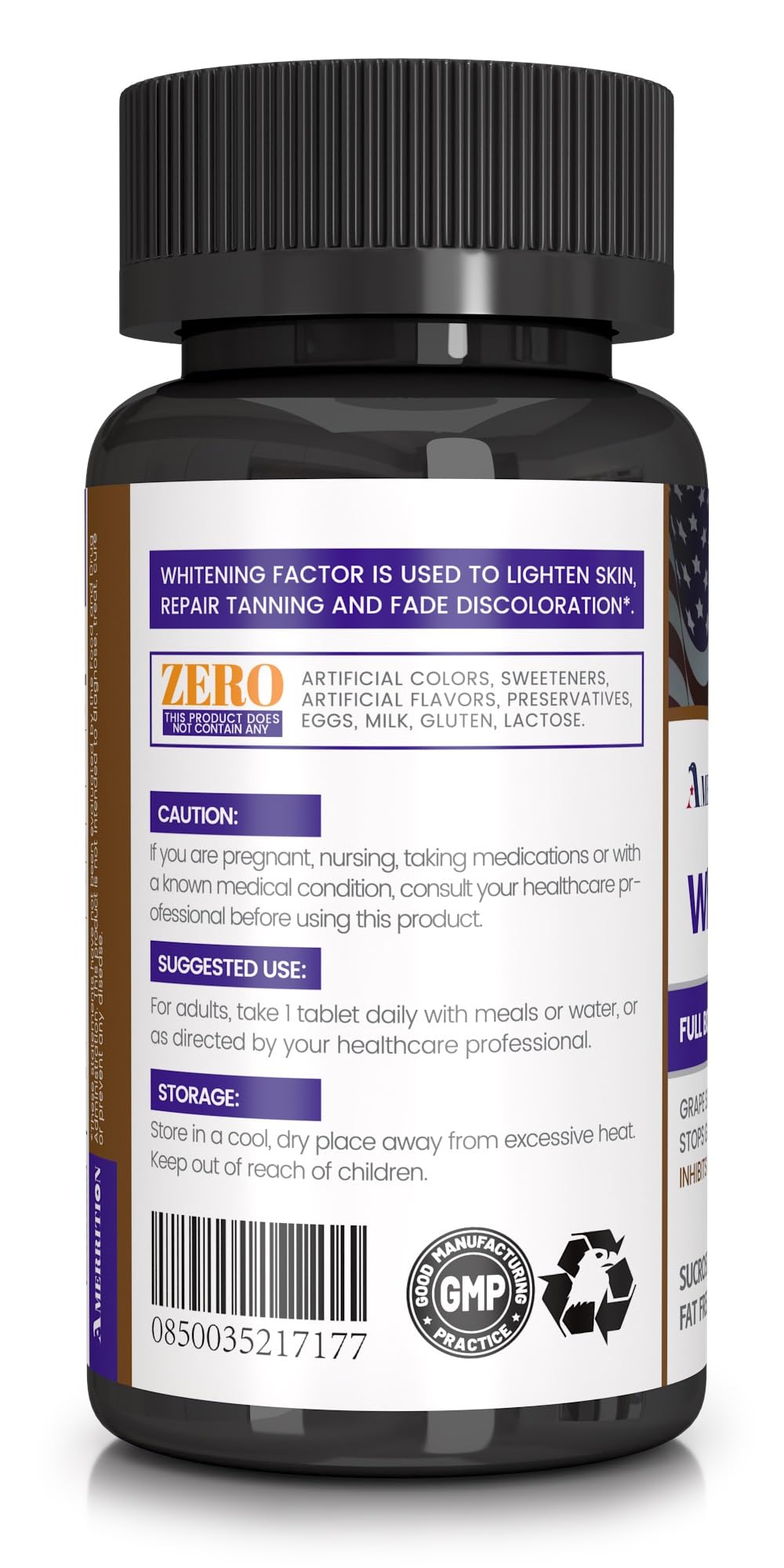 Amerrition skin whitening supplement label highlights key ingredients for complexion