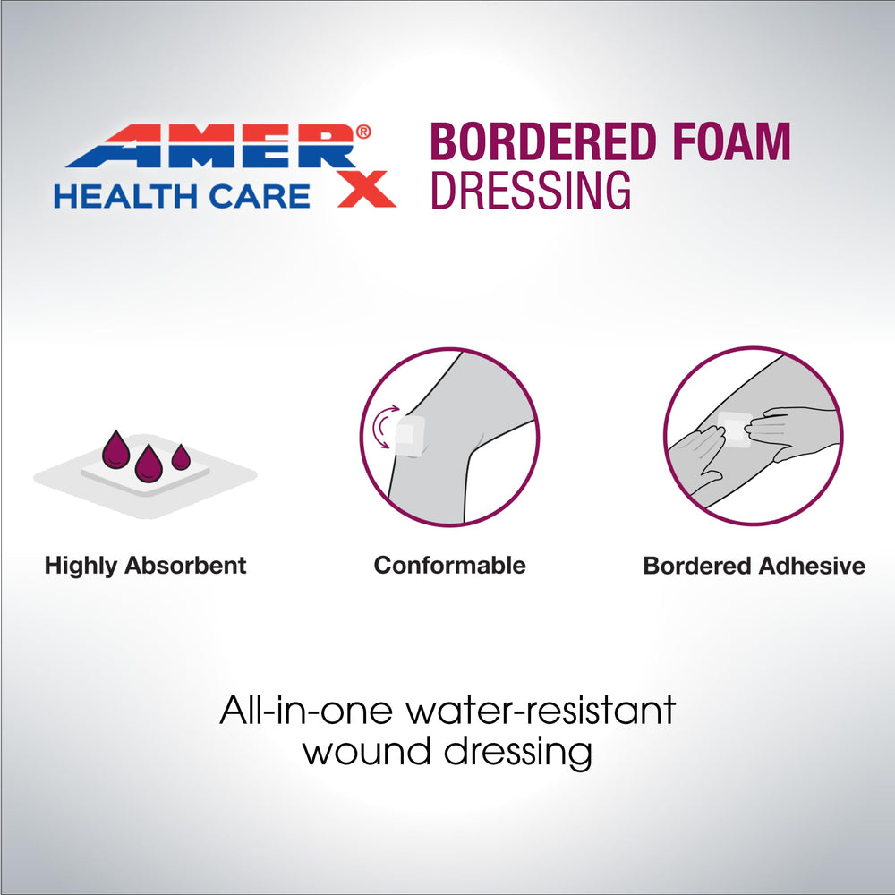 AMERX Bordered Foam dressing box 12-count shows ready-to-use, latex-free supplies.