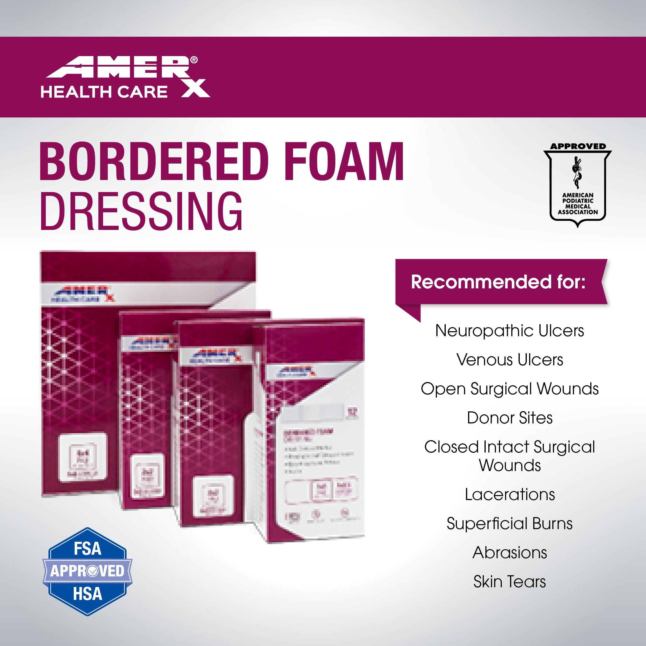 AMERX Bordered Foam dressing foam pad close-up highlights absorbent foam for drainage control.
