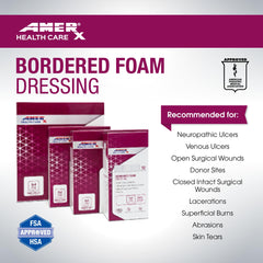 AMERX Bordered Foam dressing foam pad close-up highlights absorbent foam for drainage control.