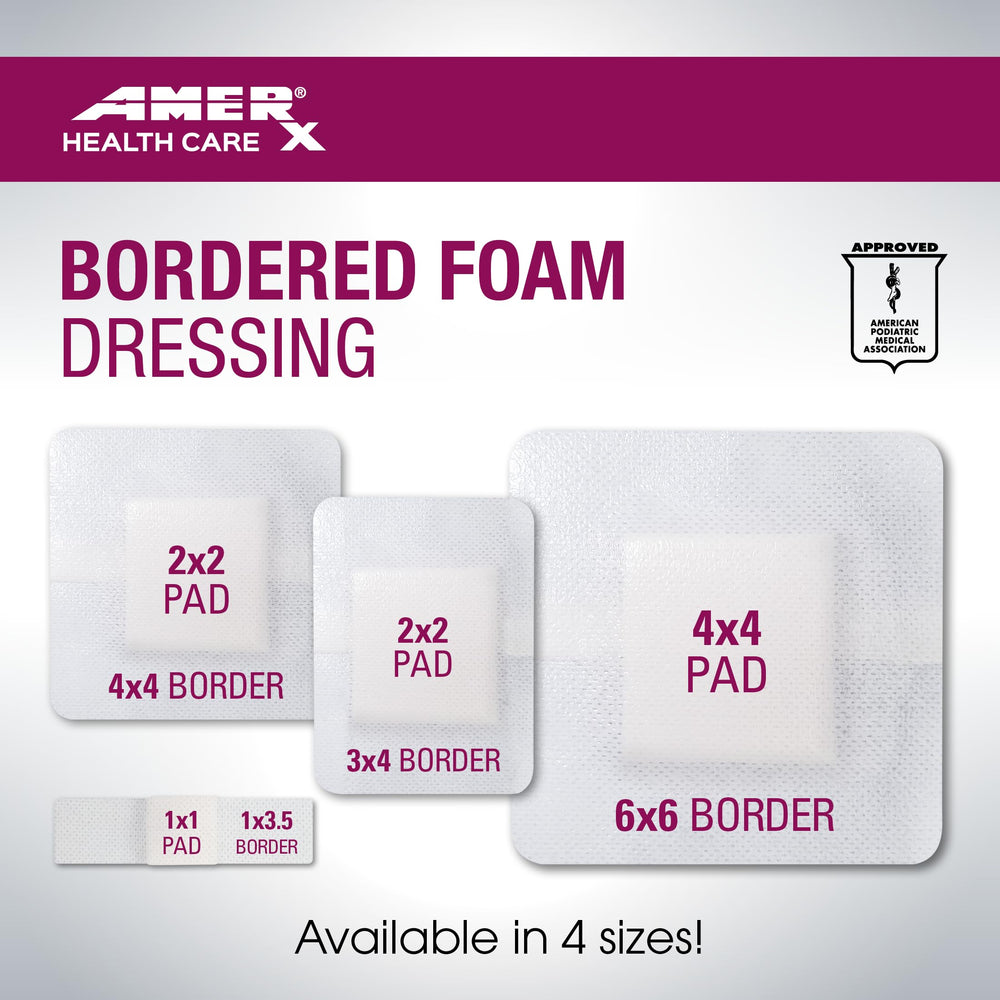 AMERX Bordered Foam dressing size variety shows 1x1, 2x2, and 4x4 pads.