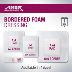 AMERX Bordered Foam dressing size variety shows 1x1, 2x2, and 4x4 pads.