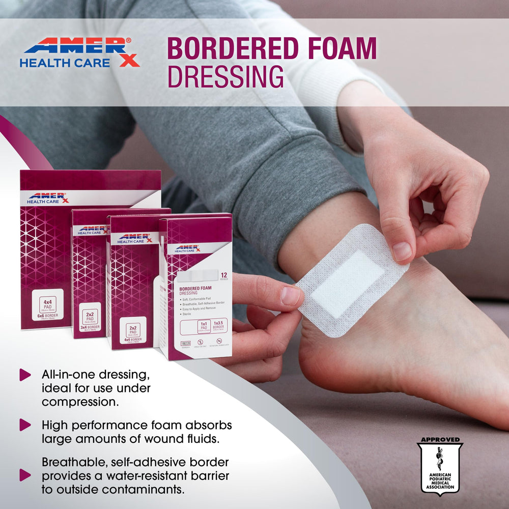AMERX Bordered Foam dressing under compression close-up demonstrates secure fit and discreet protection.