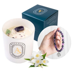 Ames Soeurs healing crystal candle set with amethyst bracelet for relaxing evenings.