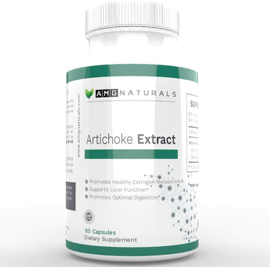 AMG Naturals Artichoke Extract Capsules label close-up highlighting vegan gluten-free.