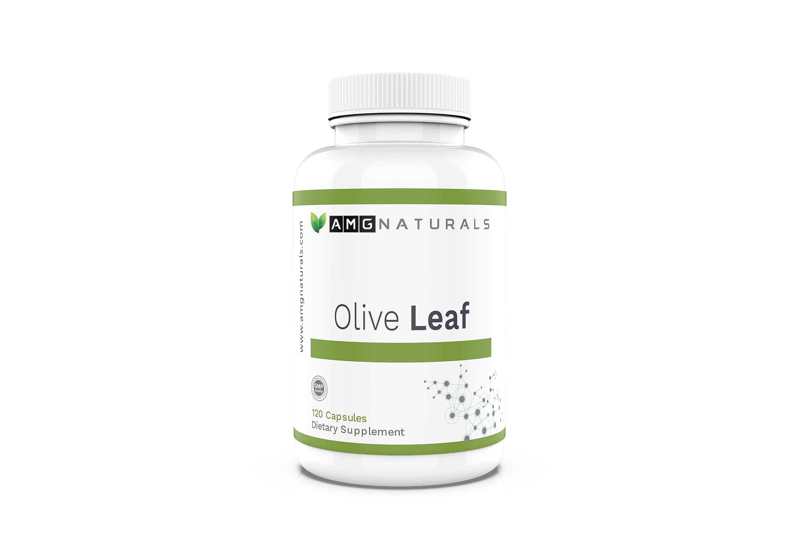 AMG Naturals Olive Leaf capsules bottle front for convenient daily herbal support.