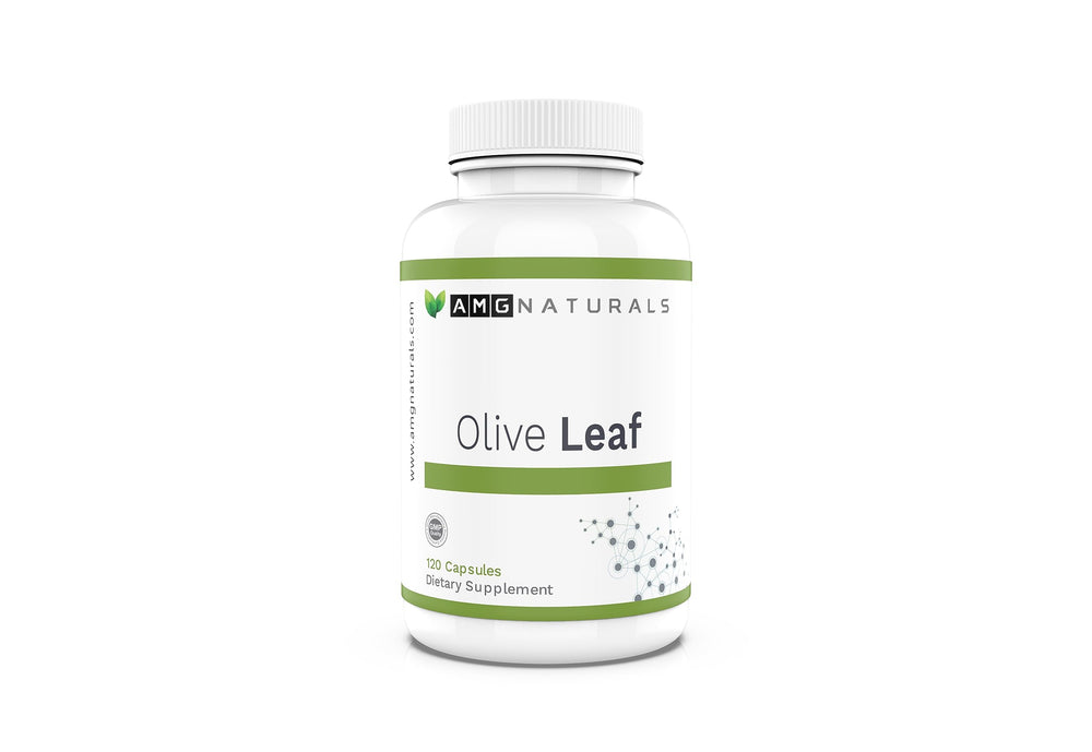 AMG Naturals Olive Leaf capsules bottle front for convenient daily herbal support.