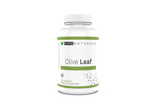 AMG Naturals Olive Leaf capsules bottle front for convenient daily herbal support.