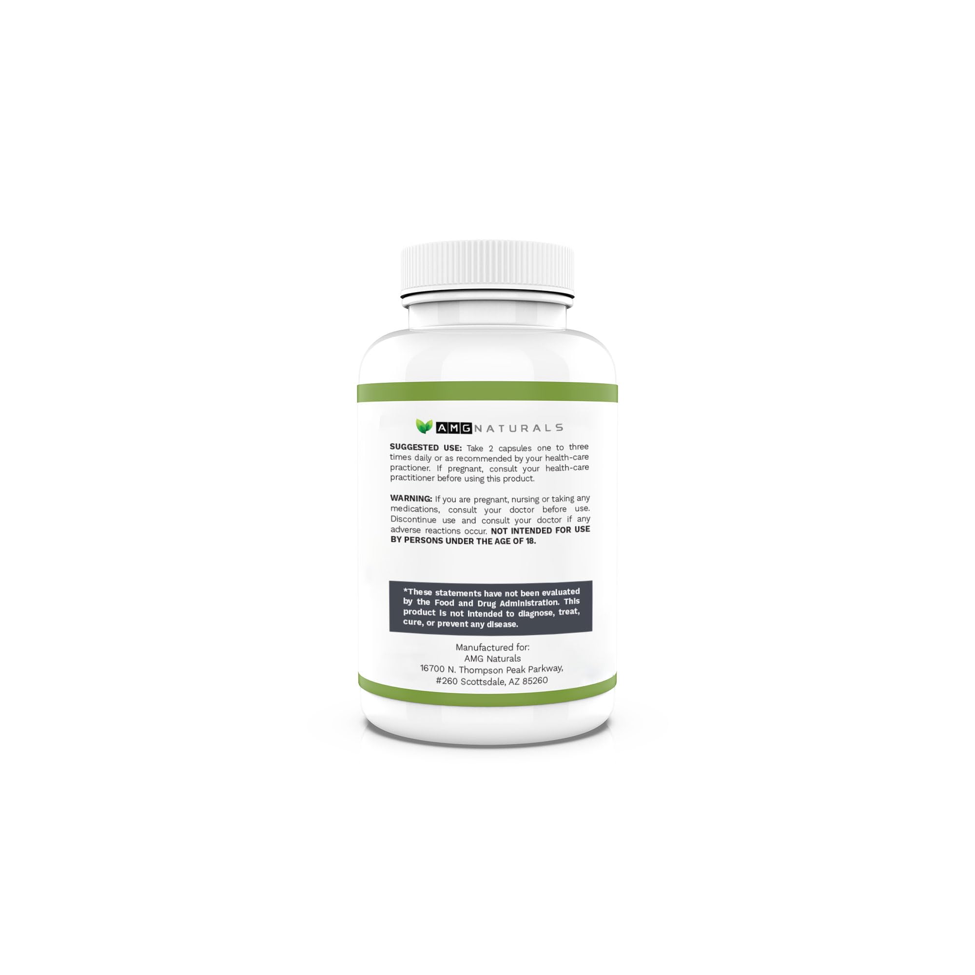AMG Naturals olive leaf capsules closeup label highlights full spectrum botanicals.