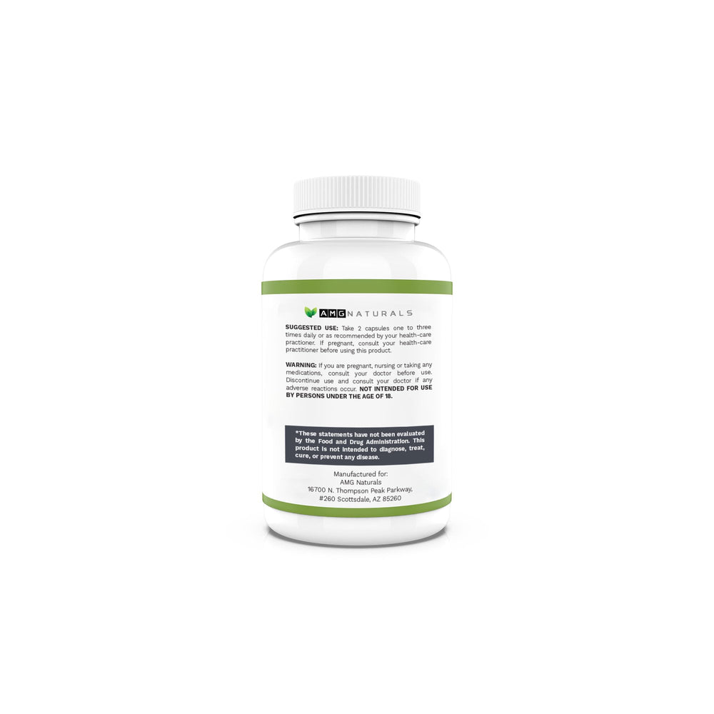 AMG Naturals olive leaf capsules closeup label highlights full spectrum botanicals.