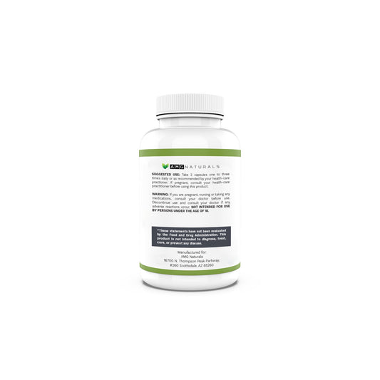 AMG Naturals olive leaf capsules closeup label highlights full spectrum botanicals.