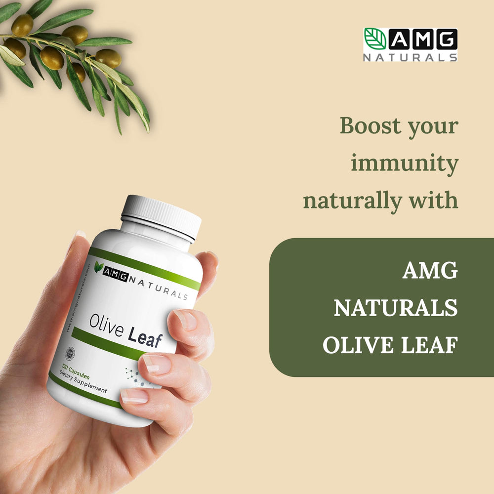 AMG Naturals hero packaging showcasing pure, no-fillers olive leaf capsules.