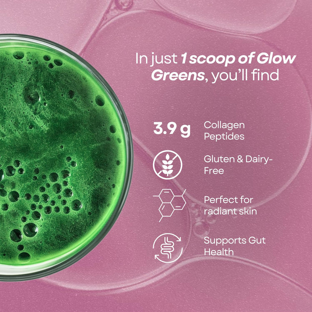 Ami Fitness Glow Greens Powder ingredients scene showing greens and superfoods.