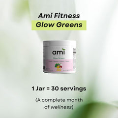 Close-up of science-backed ingredients in Ami Fitness Glow Greens Powder.