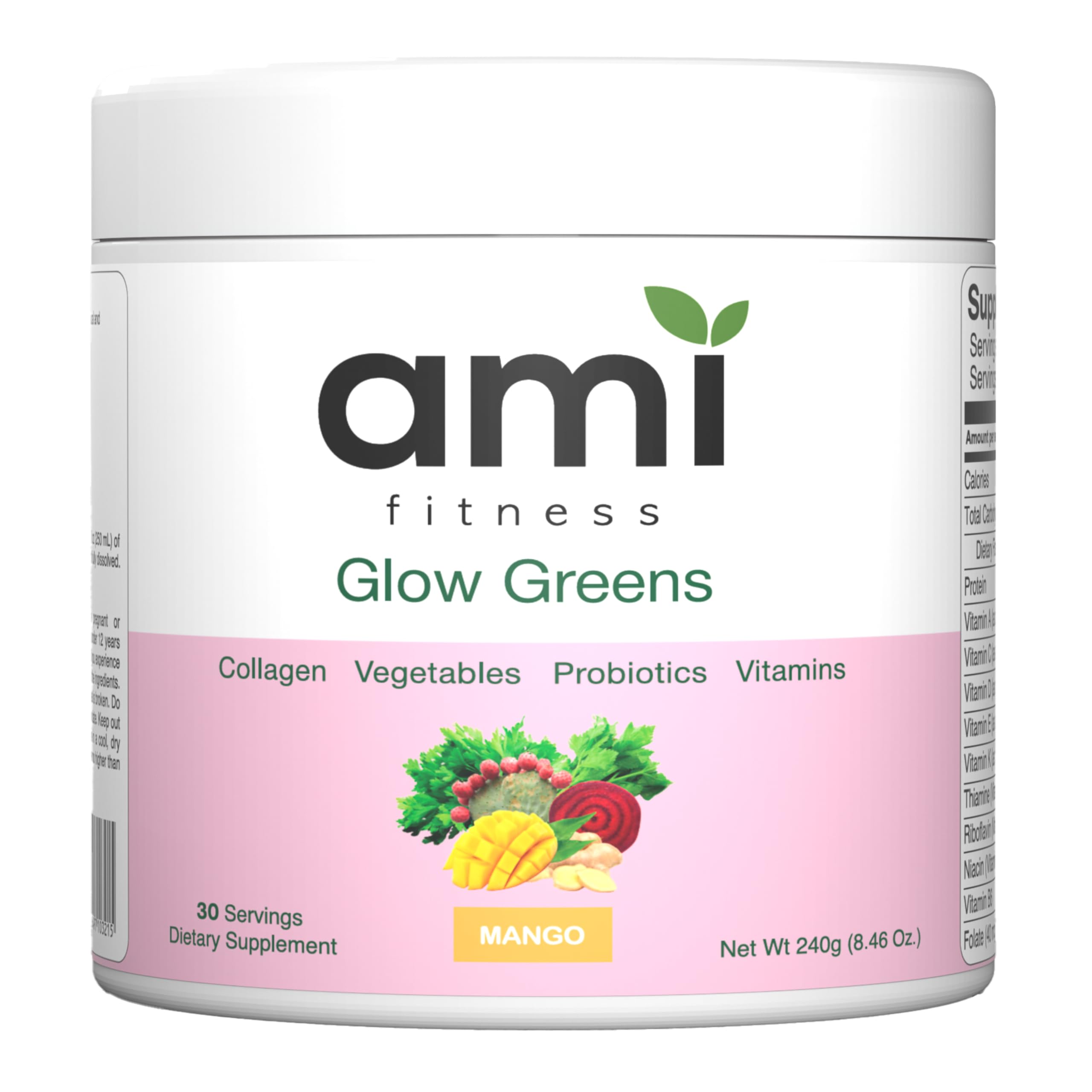Ami Fitness Glow Greens Powder tub front with vibrant greens for radiant skin.