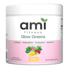 Ami Fitness Glow Greens Powder tub front with vibrant greens for radiant skin.
