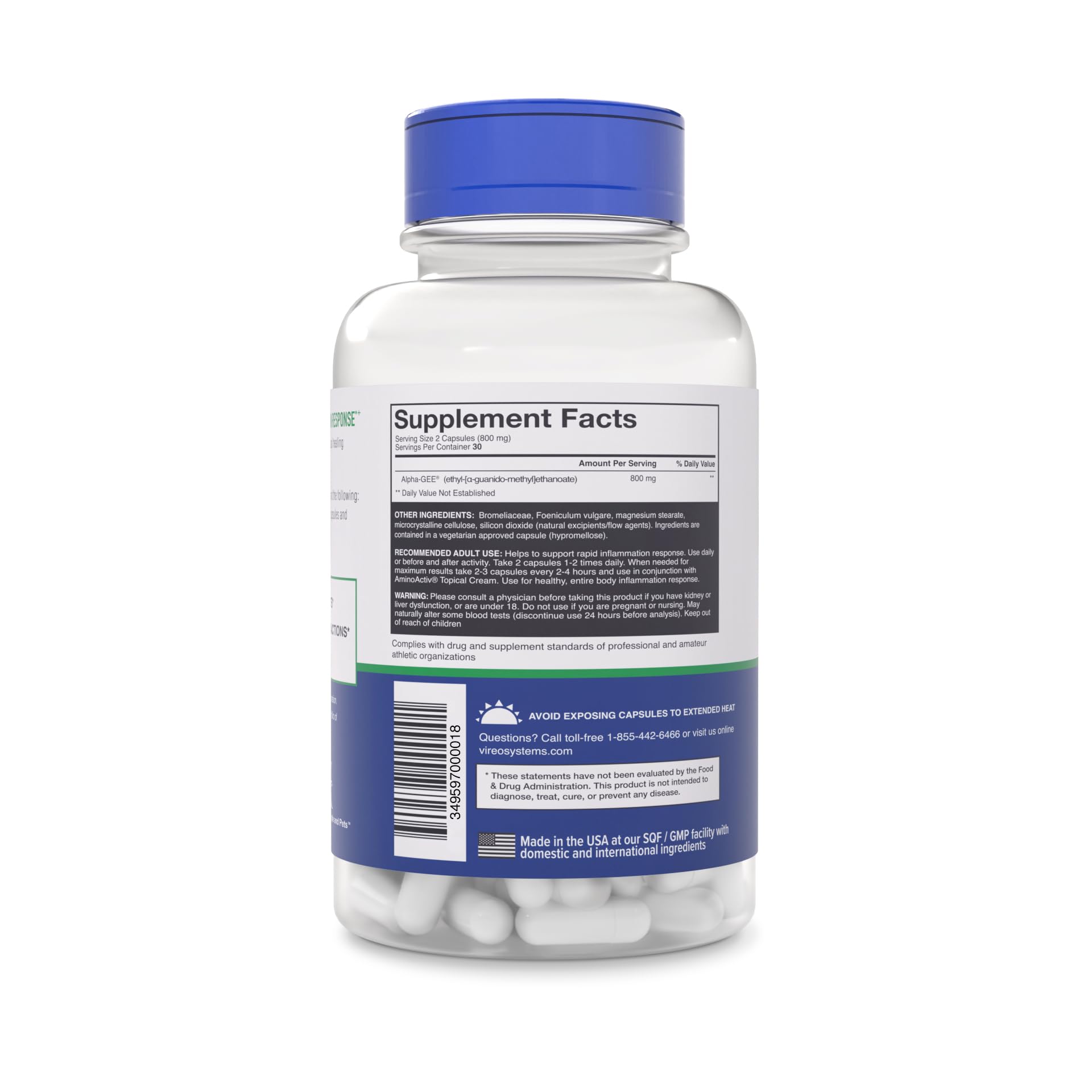 Amino Activ capsules closeup highlighting easy-to-swallow daily use.