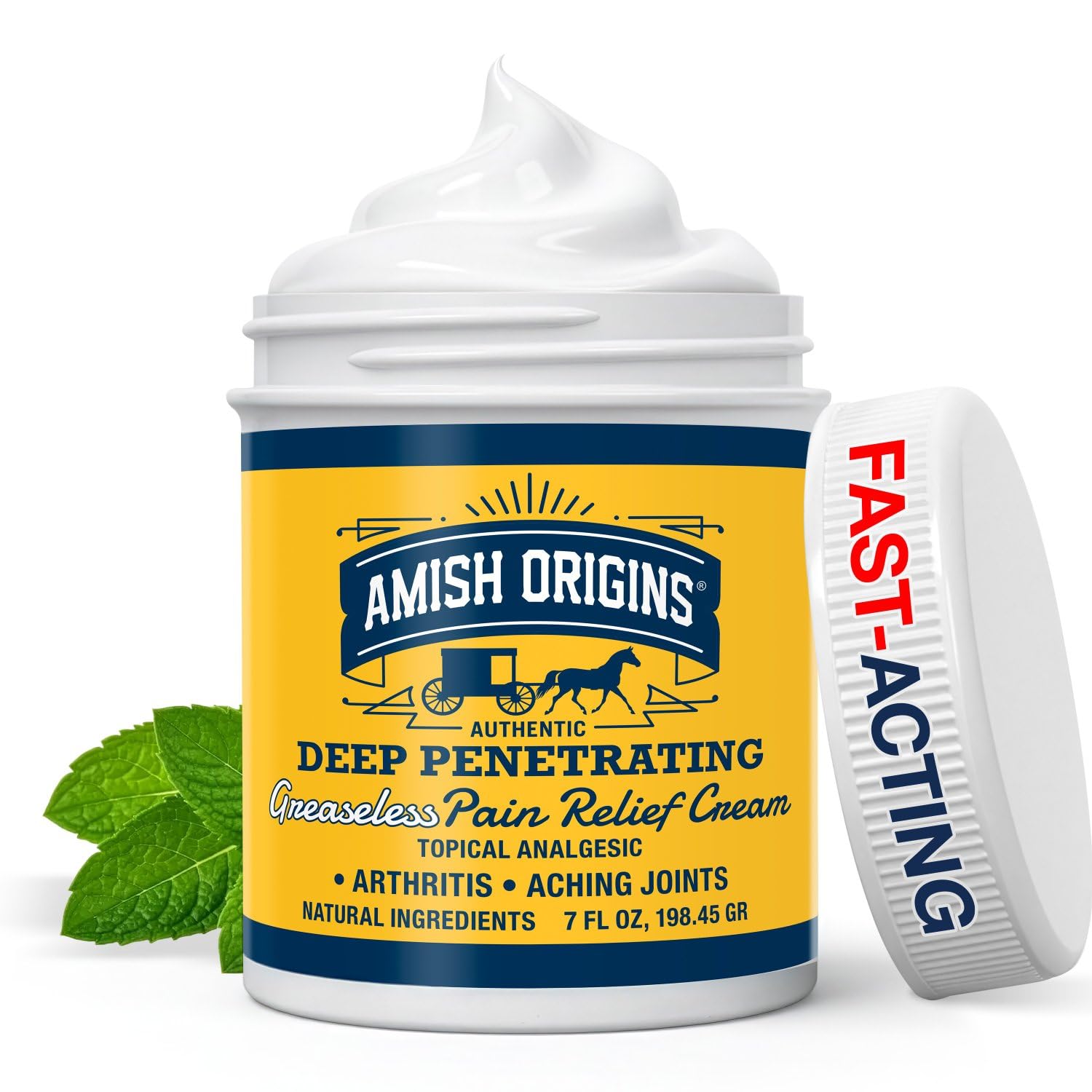 Amish Origins Arthritis Pain Relief Cream bottle shows fast-absorption relief for joints.