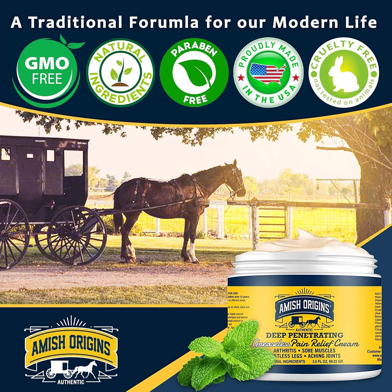 Amish Origins Deep Penetrating Cream shows grease-free texture for comfortable skin feel.