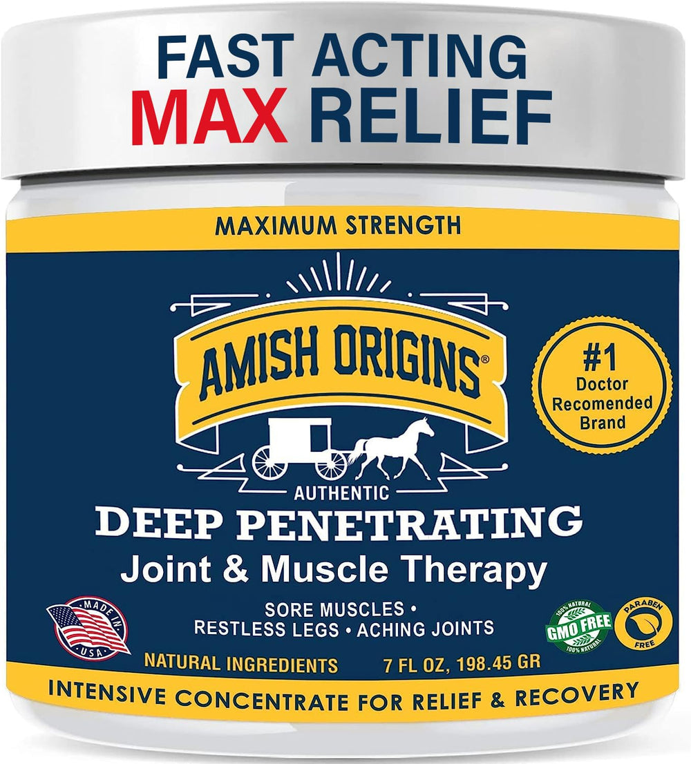 Amish Origins Joint and Muscle Ointment bottle close-up for quick topical relief.