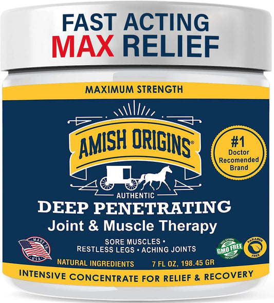 Amish Origins Joint and Muscle Ointment bottle close-up for quick topical relief.