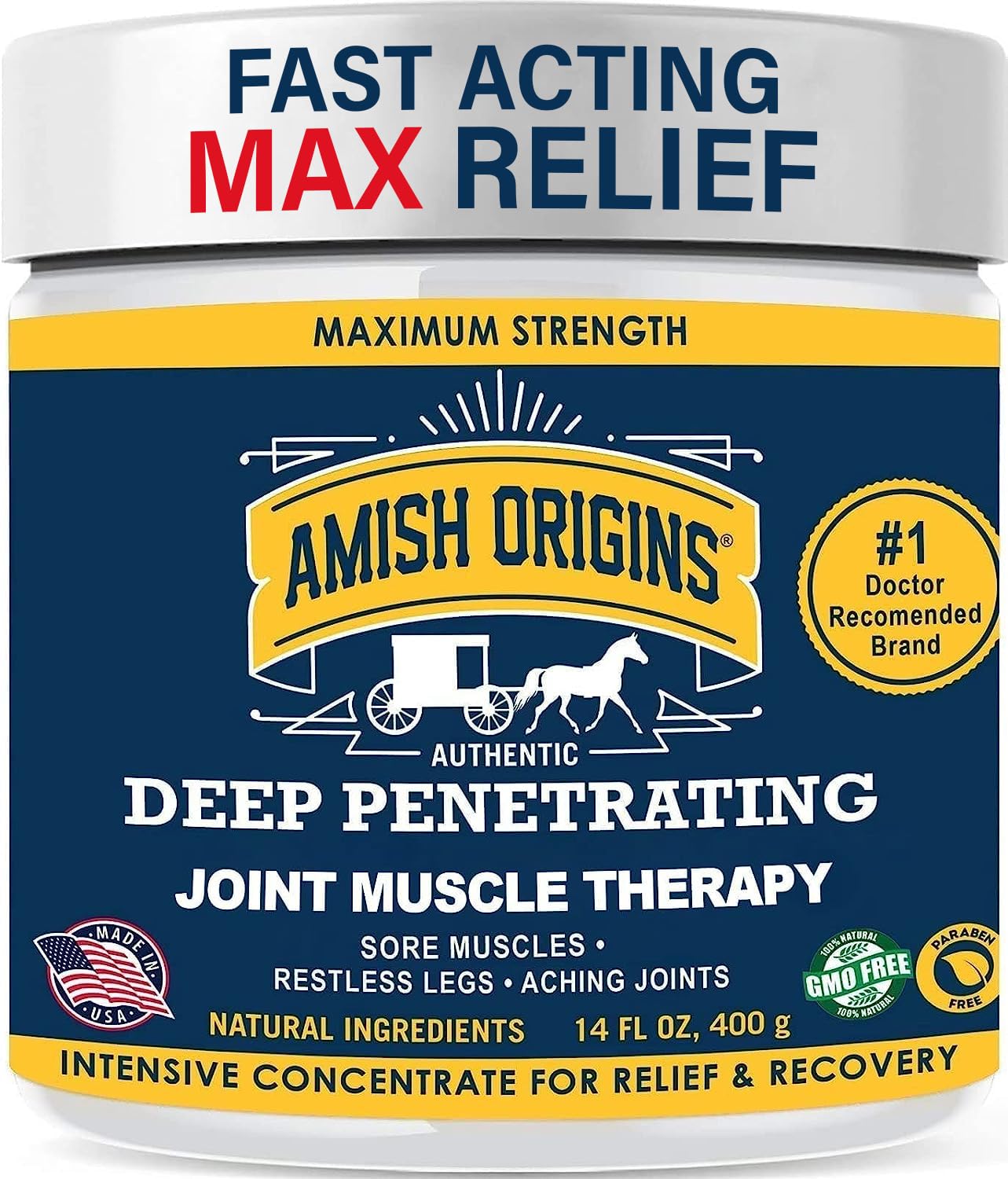Amish Origins Pain Relief Ointment bottle being applied for joint and muscle comfort.
