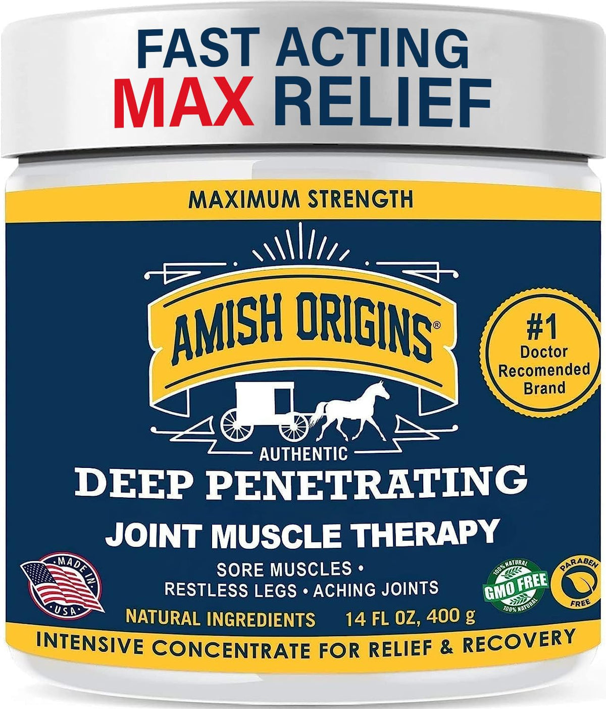 Amish Origins Pain Relief Ointment bottle being applied for joint and muscle comfort.