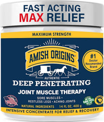 Amish Origins Pain Relief Ointment bottle being applied for joint and muscle comfort.