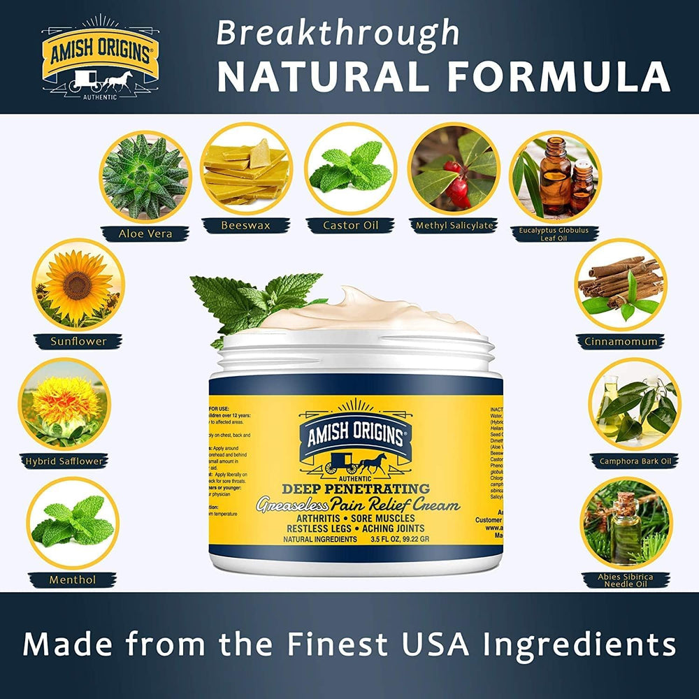 Amish Origins Pain Relief Cream — quick-acting formula for sore muscles when applied.