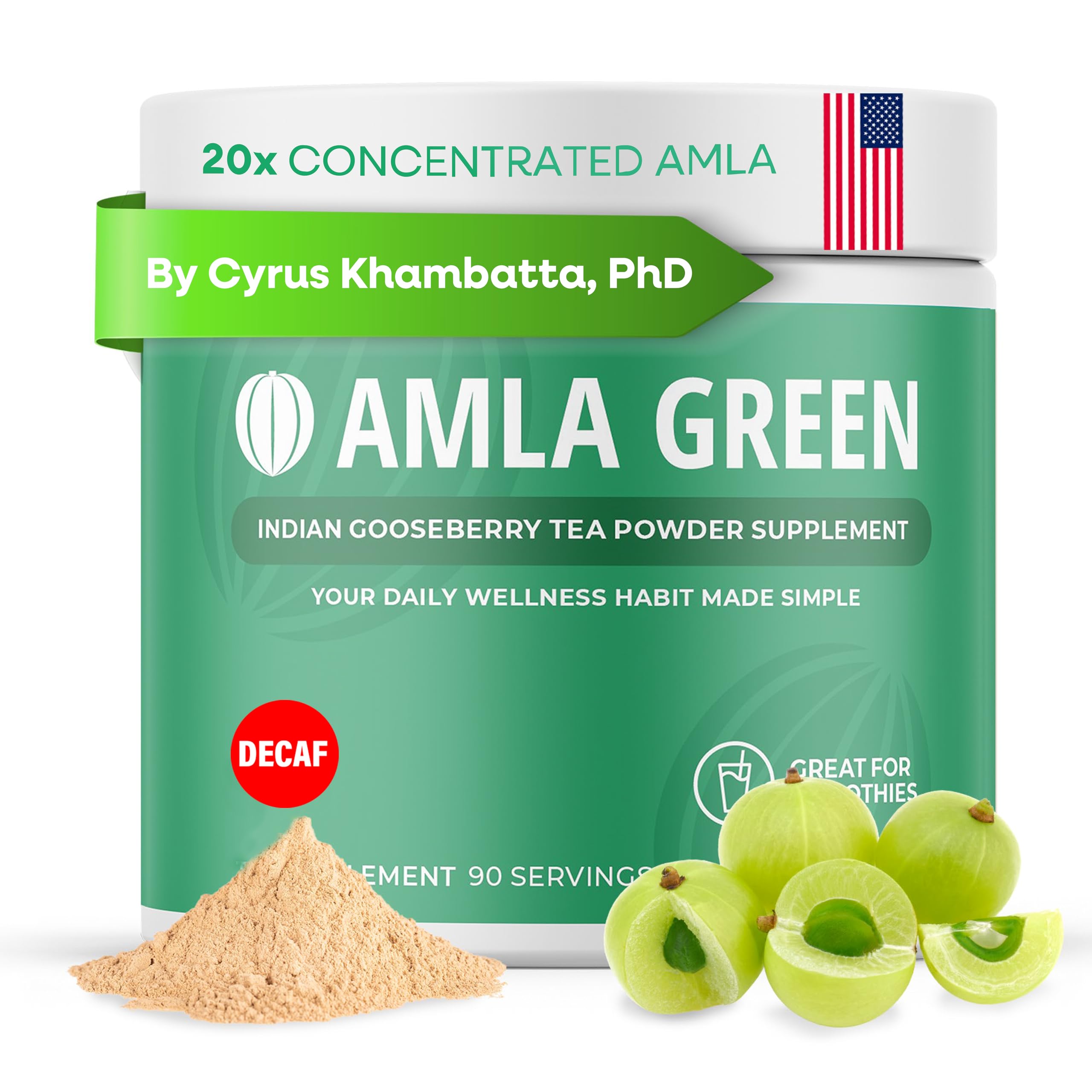 Amla Green 20x concentrated amla powder bottle for daily antioxidant support.