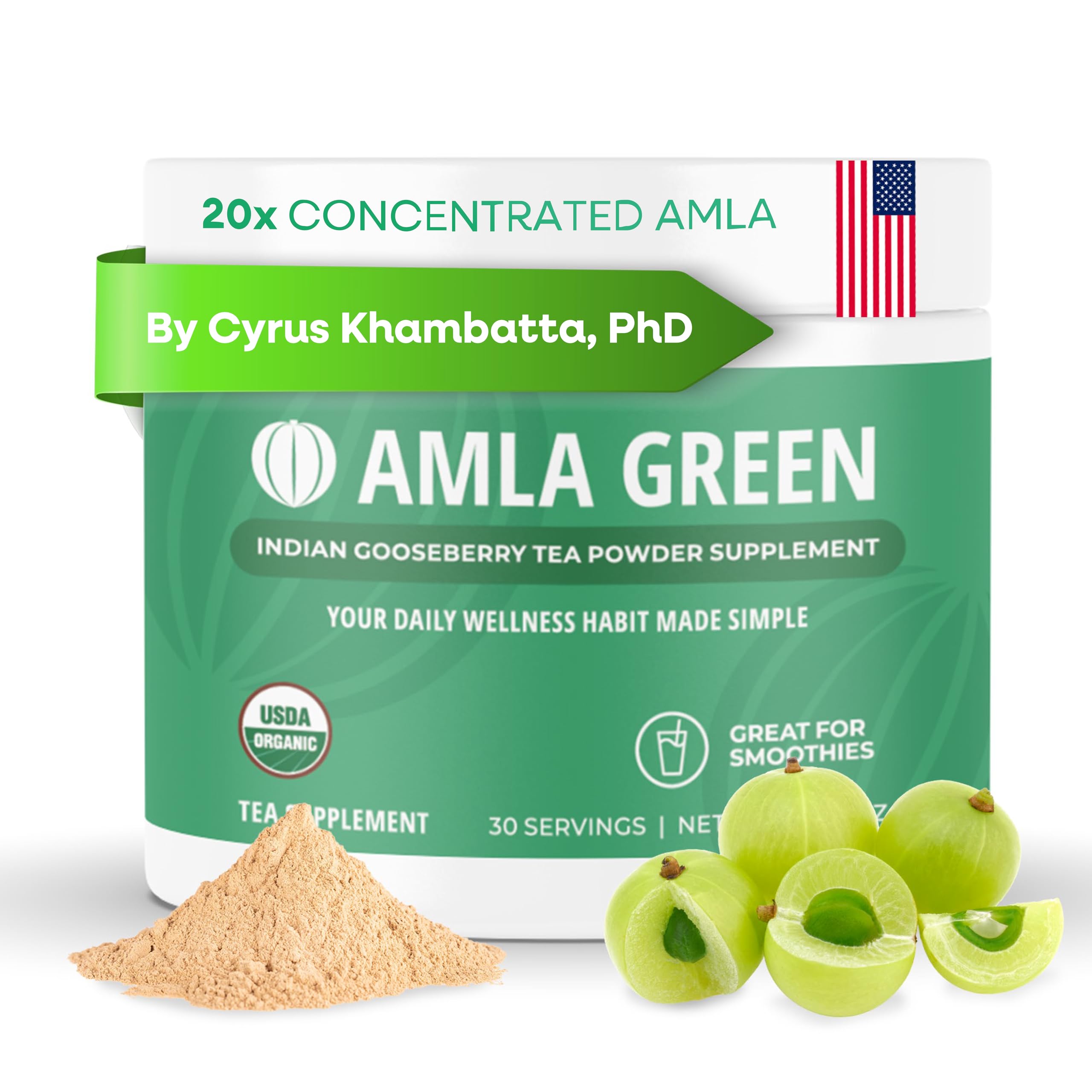 Amla Green bottle featuring 20x concentrated amla powder for daily antioxidant support.