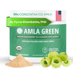 Amla Green bottle featuring 20x concentrated amla powder for daily antioxidant support.