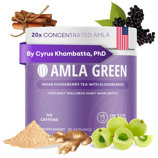 Amla Green bottle front showcases 20x concentrated amla for daily antioxidant support.