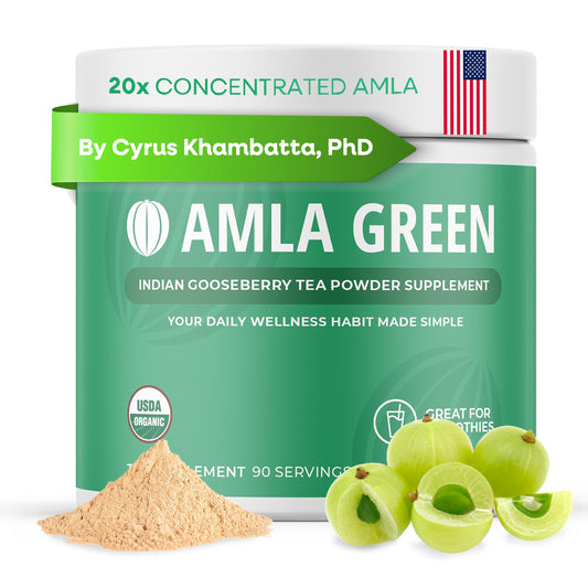 Amla Green 20x concentrated amla powder in a jar for antioxidant support.