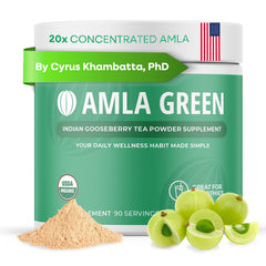 Amla Green 20x concentrated amla powder in a jar for antioxidant support.