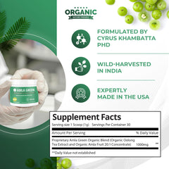 Amla Green decaf green tea powder tin ideal for caffeine-free beverages.