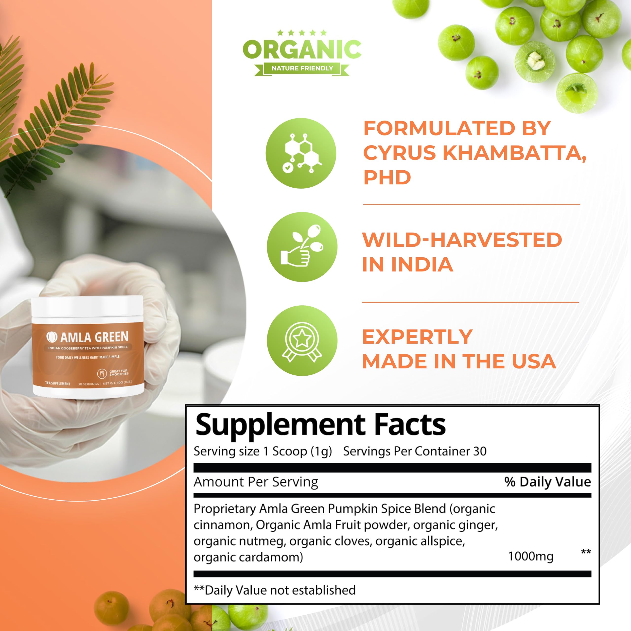 Amla Green wild-harvested berries illustrate natural sourcing from India.