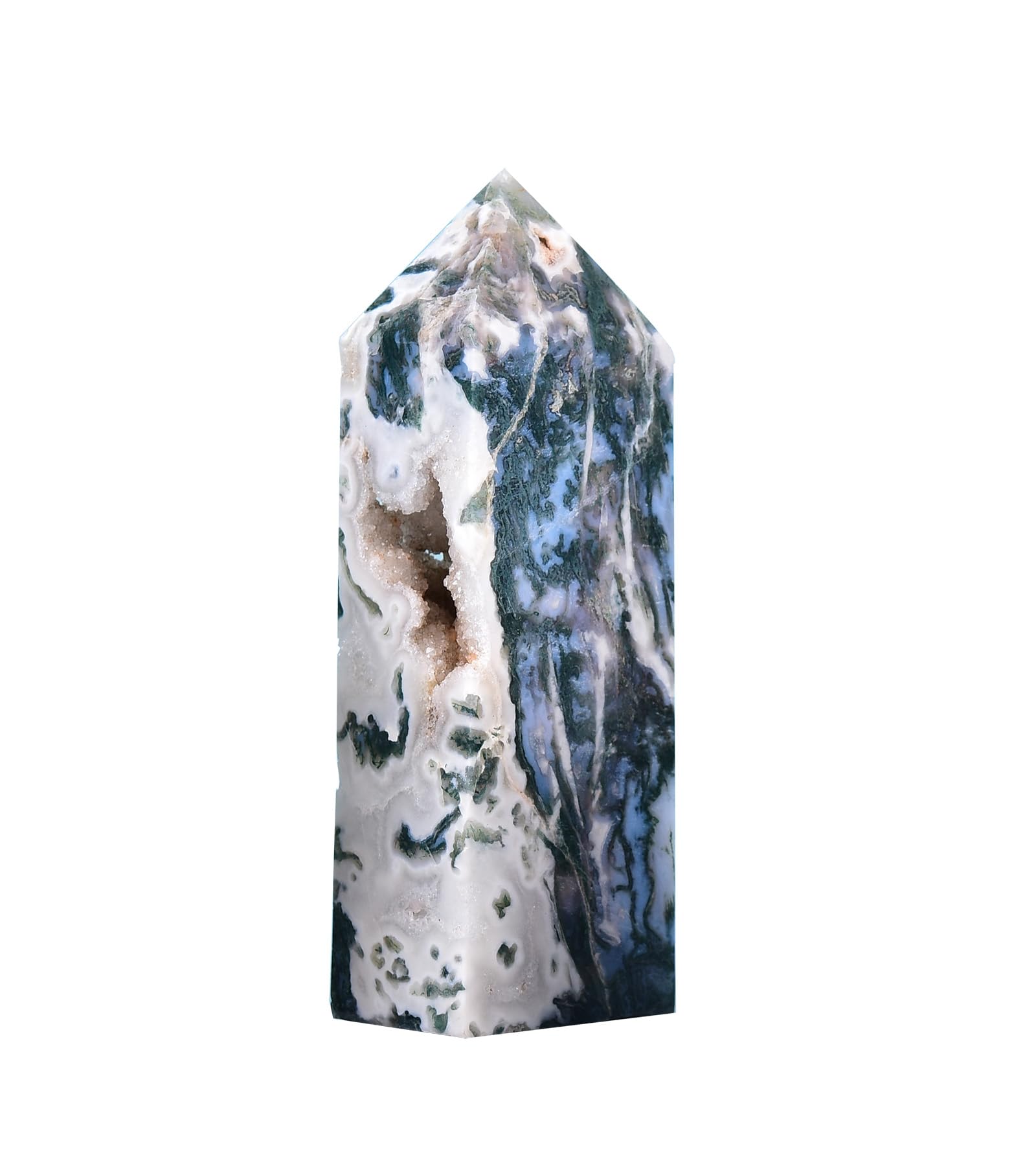 AMOYSTONE moss agate obelisk on display for meditative focus and chakra balancing